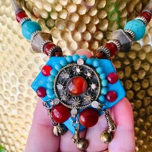 Handmade NECKLACE TURQ HOWLITE/CARNELIAN STONE UNIQUE VINTAGE AFGHAN Silver